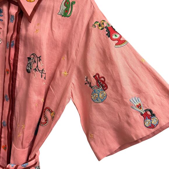 ALEMAIS Nadia Hernandez Timmy Belted Embroidered Linen Shirt Dress Womens 4 - Picture 6 of 12